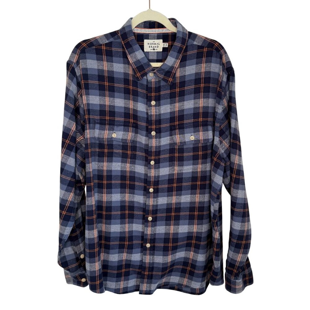 The Normal Brand Mens Navy/Gray/Orange Plaid Long Sleeve Shirt, XXL